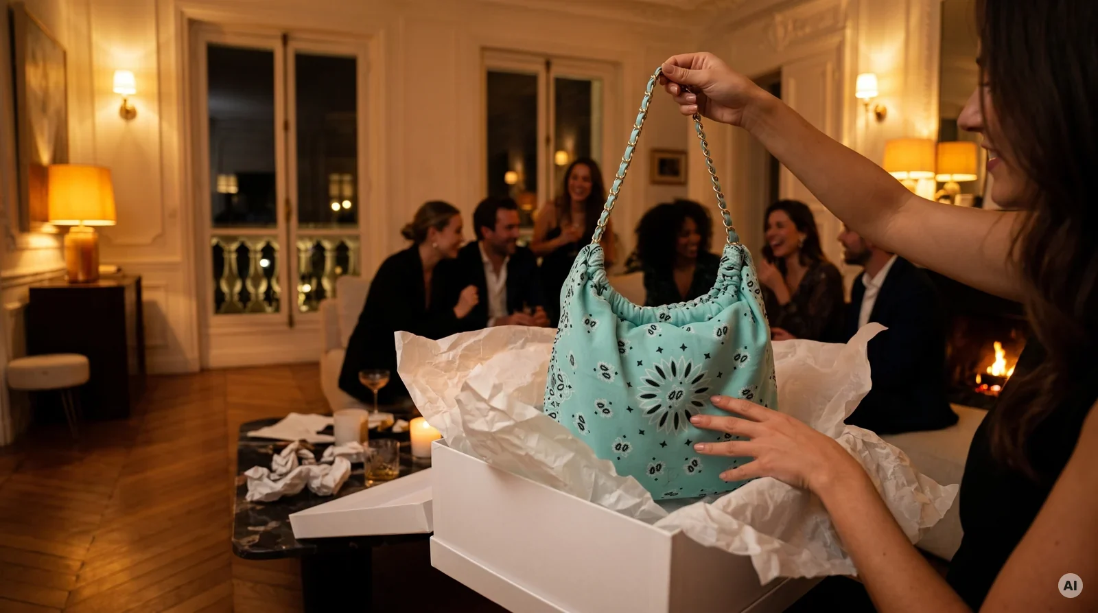 A woman lifts a custom turquoise bandana bag from its gift box