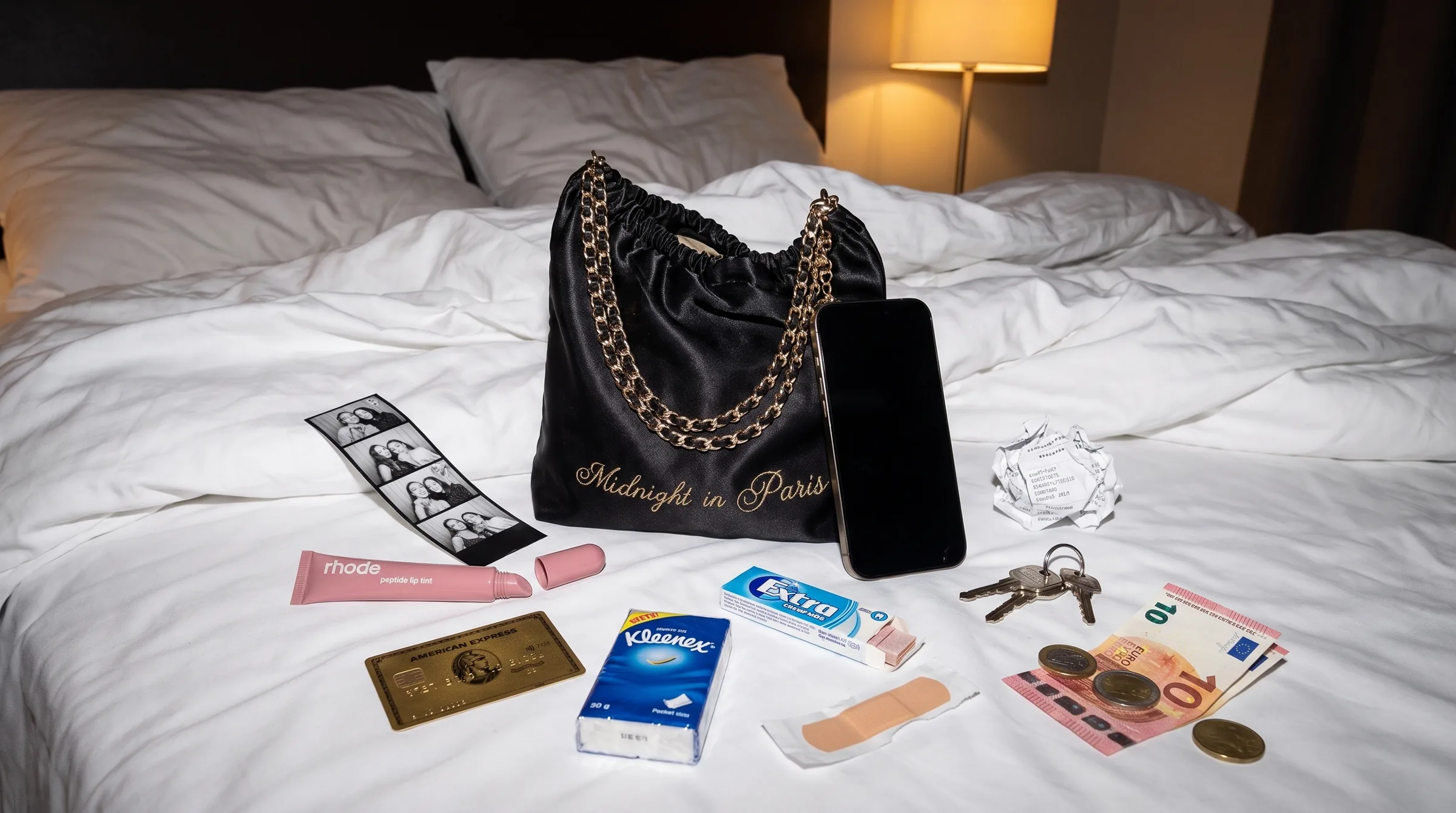 Overhead view of an unmade white bed at night: the Minuit au Soleil Black Tie evening bag embroidered « Midnight in Paris » in gold thread, surrounded by a phone, a photo booth strip, a lip tint, a gold card, tissues, chewing gum, a plaster, keys, a crumpled receipt, coins and a banknote