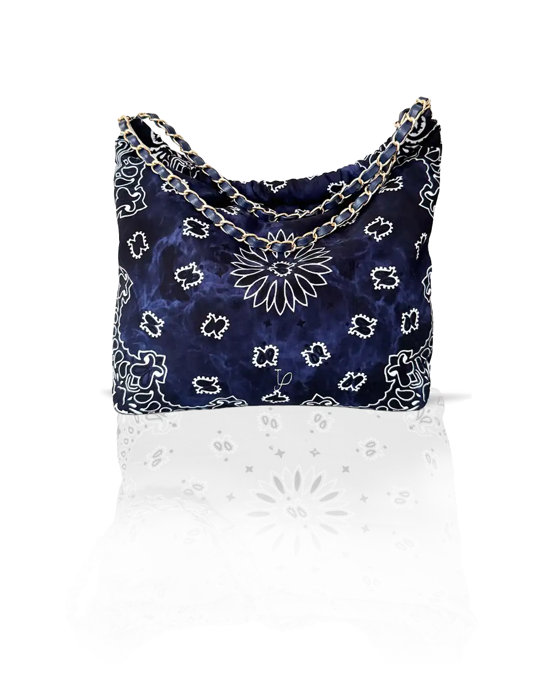 Navy Tie & Dye Bandana bag — personalised embroidery detail