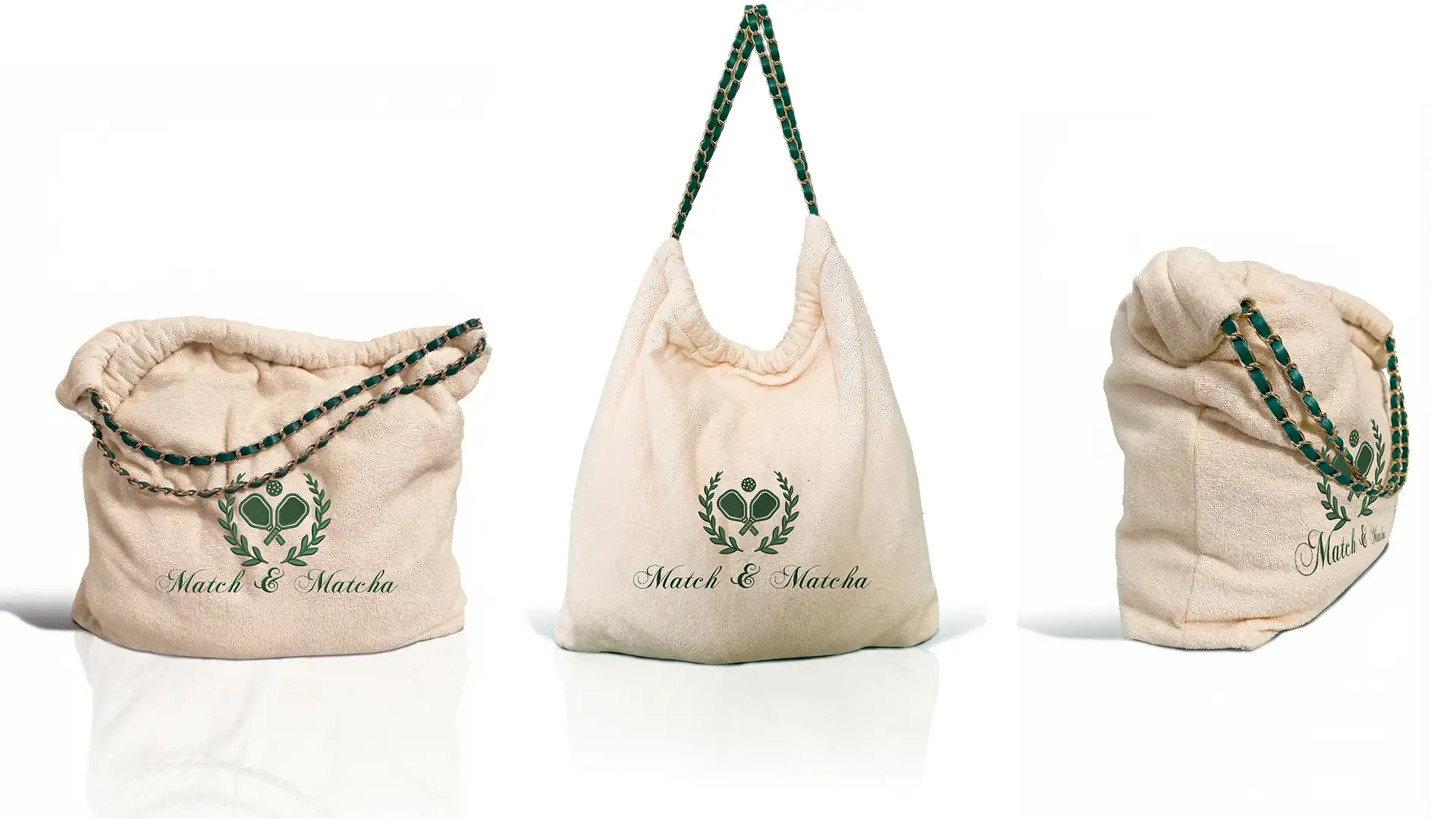 Sac Maxi Balagan Crème en éponge bambou avec chaîne entrelacée cuir vert - Porté épaule - broderie padel pickleball Match & Matcha